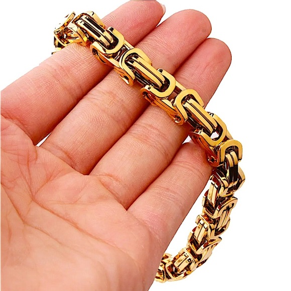 STAINLESS STEEL GOLD BYZANTINE MECHANIC SILVER BLACK BIKER BRACELET - Picture 1 of 8